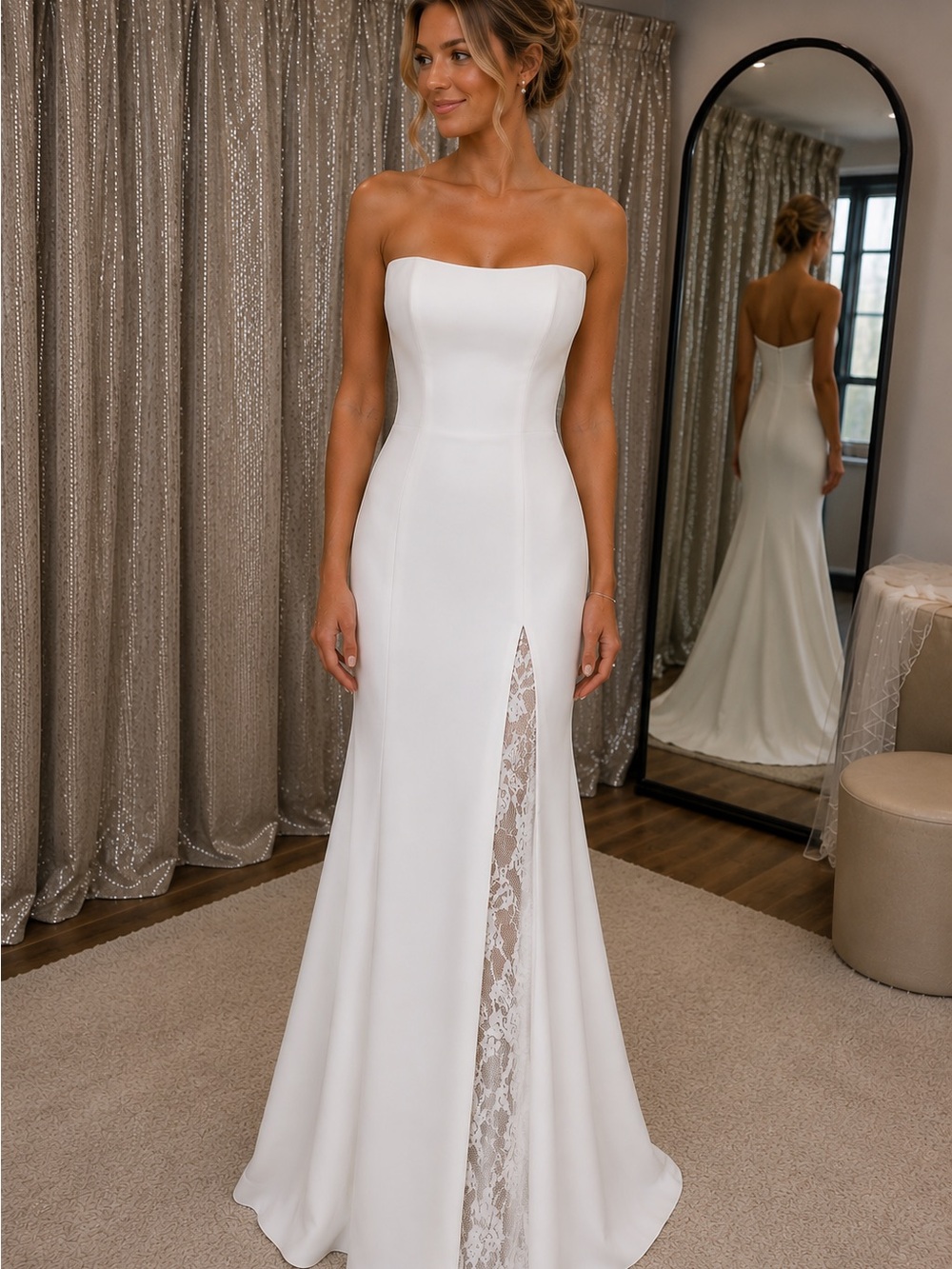 Strapless White Wedding Dress with Lace Front Slit and Corset